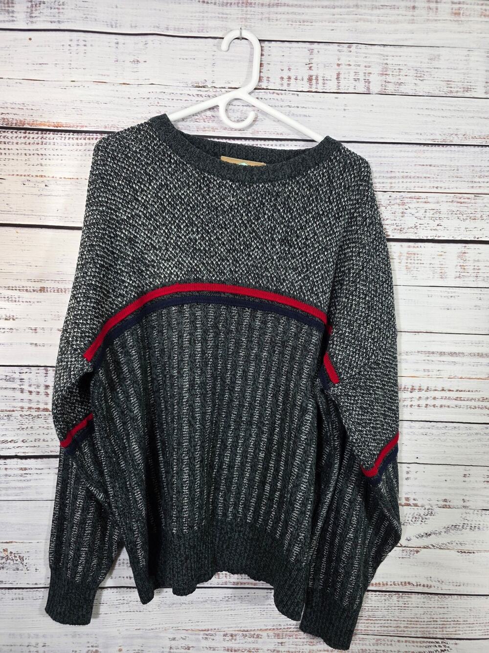 VTG 90s Weekends Textured Striped Sweater Adult Large Gray Red Chunky Knit
